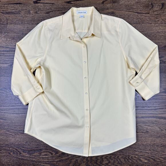 Coldwater Creek Shirt Women Large Yellow Button Front 3/4 Sleeve Career Wear Top - Picture 1 of 8